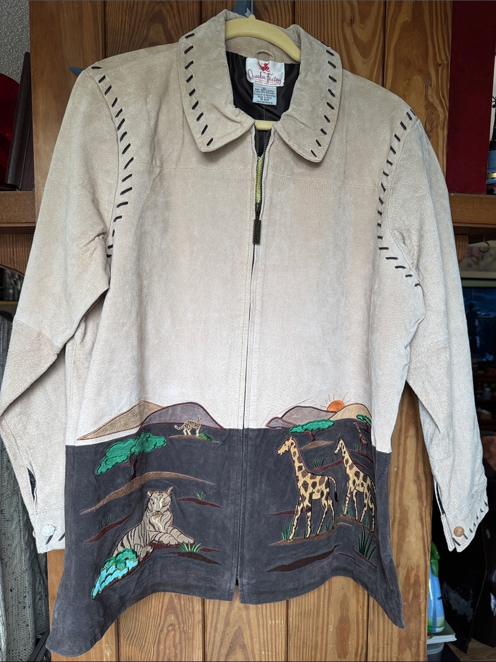 Quacker Factory Beige & Dark Brown Suede Jean Jacket with Safari Appliqué